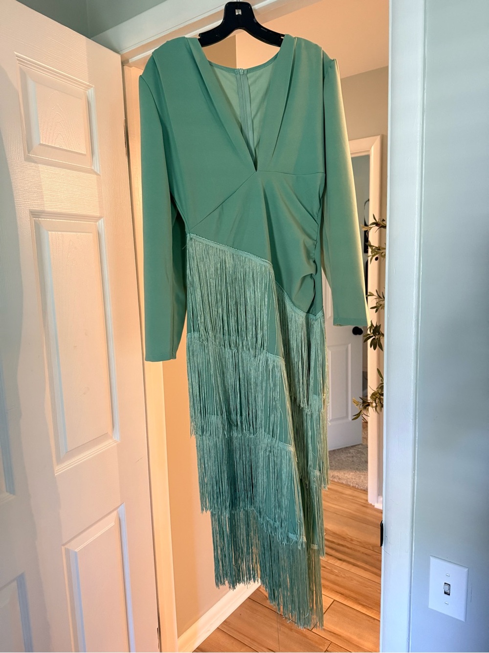 Fringed Sage Green Long Sleeve V-Neck Dress